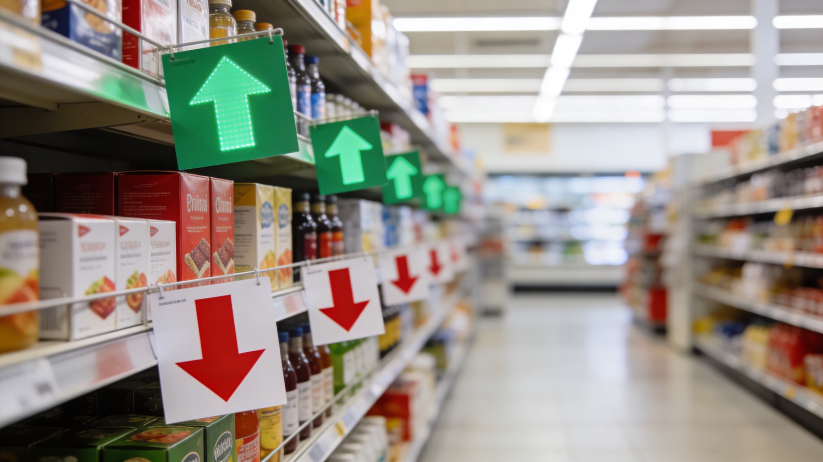 Retail shelf with price increase and decrease indicators showing MAP pricing dynamics